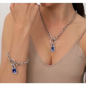 Aven Silver Plated Blue Crystal Stone Chain Necklace & Bracelet Set